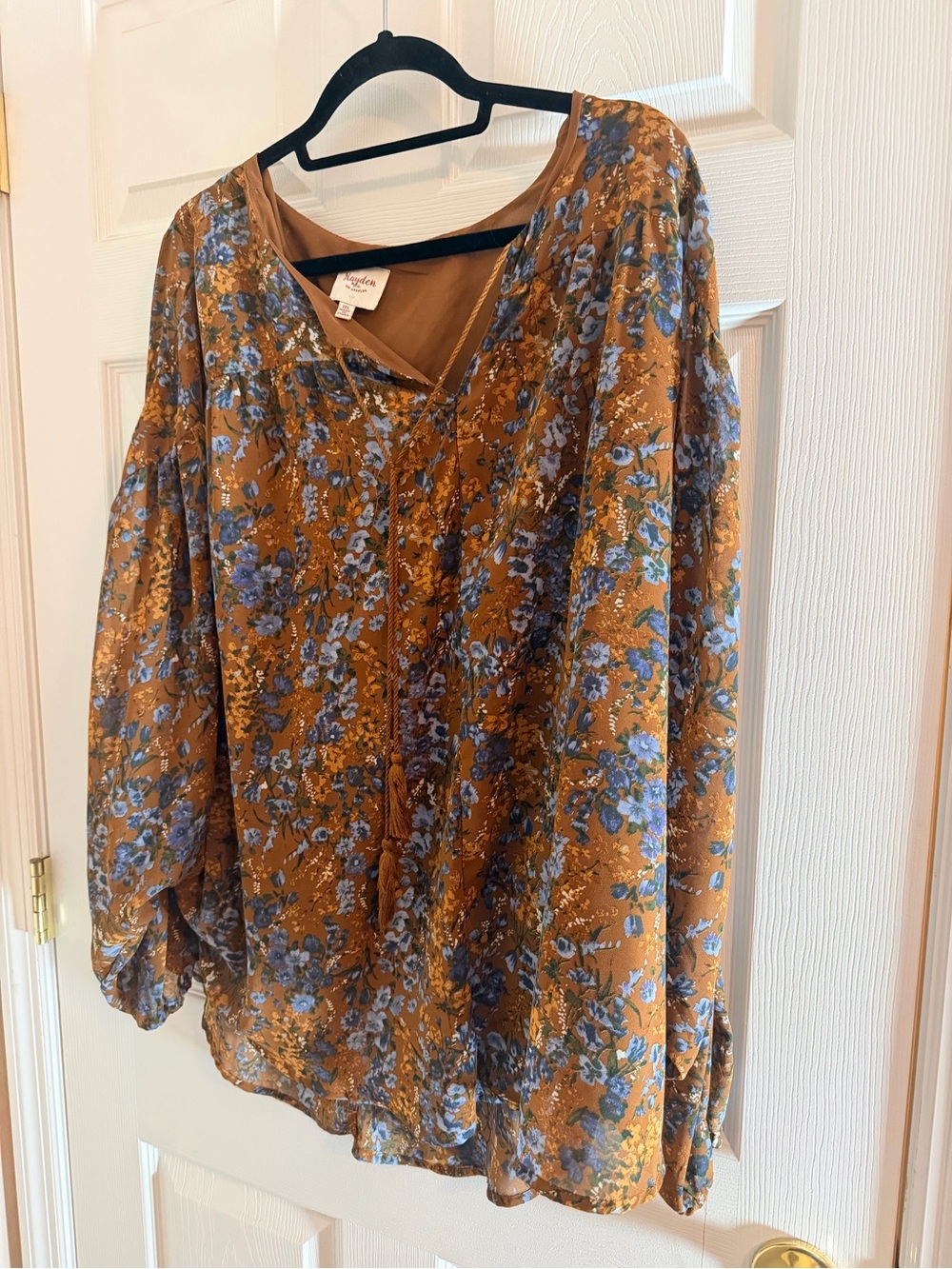 Hayden Mustard Floral V-Neck Blouse with Blue Print